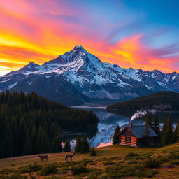 A majestic mountain range towering under a vibrant sunset, with layers of orange, pink, and purple painted across the sky