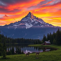 A majestic mountain range towering under a vibrant sunset, with layers of orange, pink, and purple painted across the sky