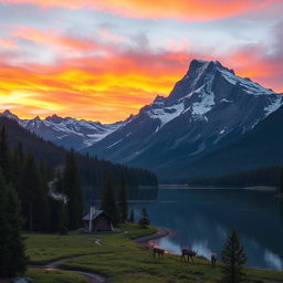 A majestic mountain range towering under a vibrant sunset, with layers of orange, pink, and purple painted across the sky