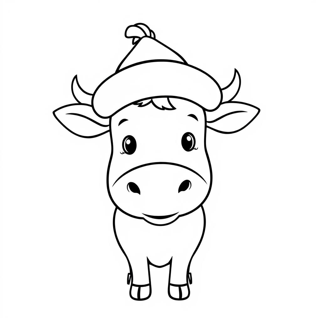 A simple black and white line drawing of a cow wearing a funny hat