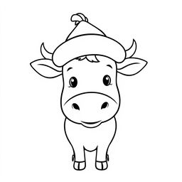 A simple black and white line drawing of a cow wearing a funny hat