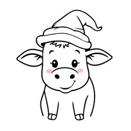 A simple black and white line drawing of a cow wearing a funny hat