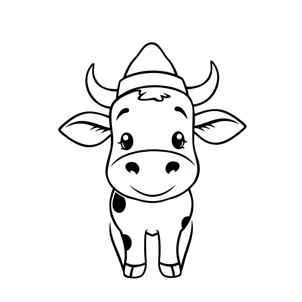 A simple black and white line drawing of a cow wearing a funny hat