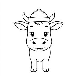 A simple black and white line drawing of a cow wearing a funny hat