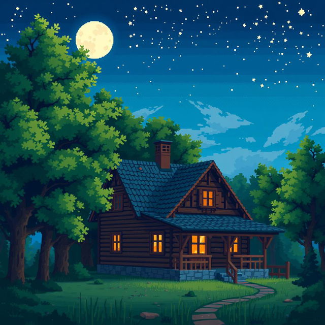 a pixel art illustration featuring large pixels, depicting a moonlit starry clear night sky above a serene grove