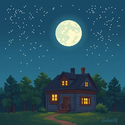 a pixel art illustration featuring large pixels, depicting a moonlit starry clear night sky above a serene grove