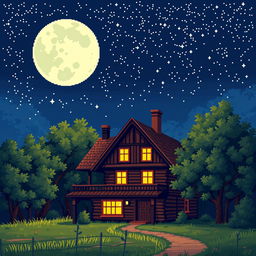 a pixel art illustration featuring large pixels, depicting a moonlit starry clear night sky above a serene grove