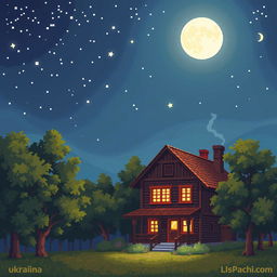 a pixel art illustration featuring large pixels, depicting a moonlit starry clear night sky above a serene grove