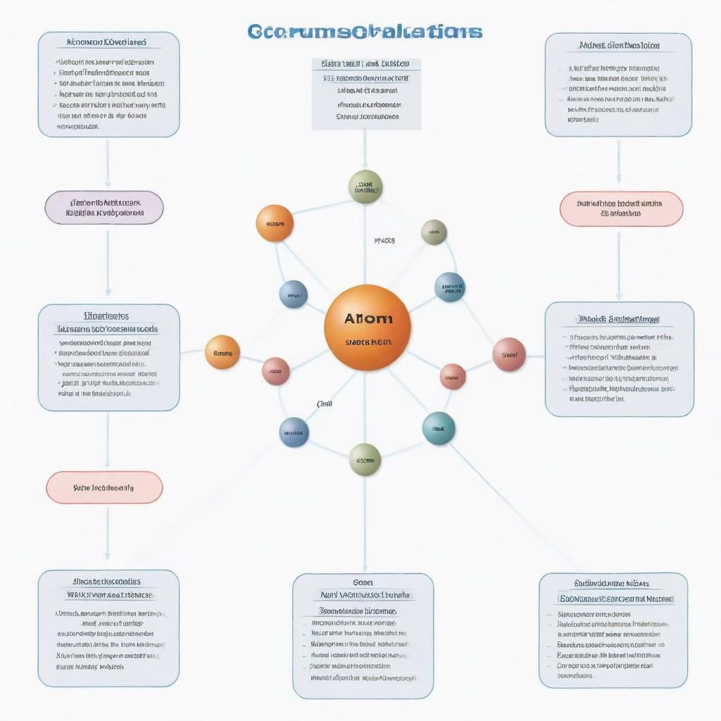 Concept map depicting the relationship between atom components and related terms: Atom Ions, s.p.d.f, valence shell, protons, valence electrons, Element, shell or energy levels, electron configuration, orbital or subshell, neutrons, electrons, and nucleus