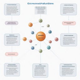 Concept map depicting the relationship between atom components and related terms: Atom Ions, s.p.d.f, valence shell, protons, valence electrons, Element, shell or energy levels, electron configuration, orbital or subshell, neutrons, electrons, and nucleus