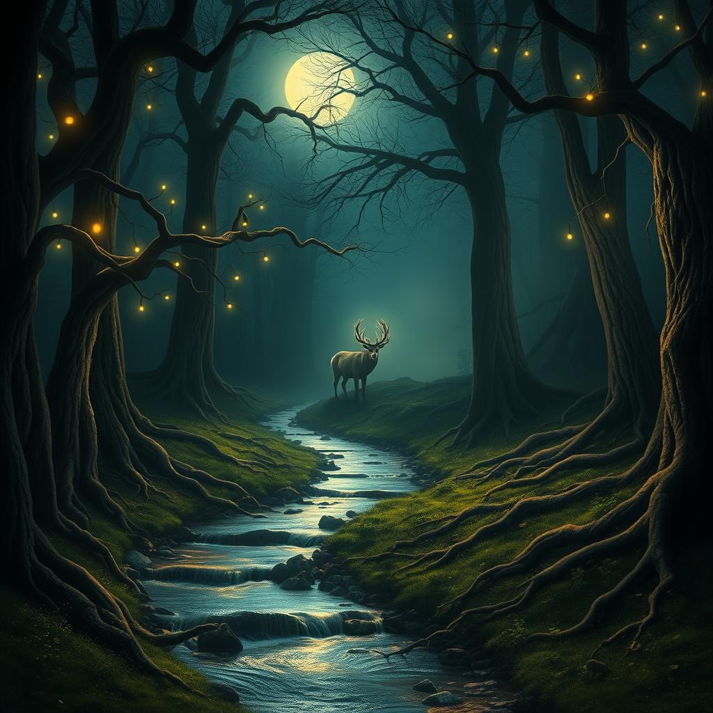 A mystical forest glade bathed in the soft glow of the moonlight, ancient trees with twisting roots and delicate, shimmering fairy lights hovering above the ground