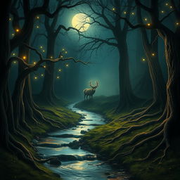 A mystical forest glade bathed in the soft glow of the moonlight, ancient trees with twisting roots and delicate, shimmering fairy lights hovering above the ground