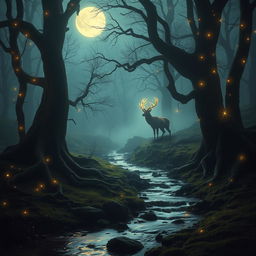 A mystical forest glade bathed in the soft glow of the moonlight, ancient trees with twisting roots and delicate, shimmering fairy lights hovering above the ground