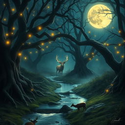 A mystical forest glade bathed in the soft glow of the moonlight, ancient trees with twisting roots and delicate, shimmering fairy lights hovering above the ground