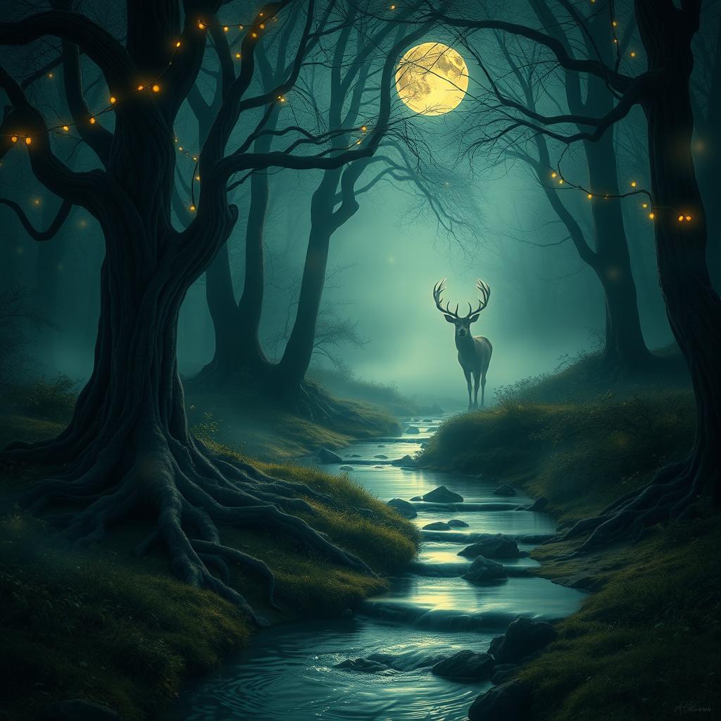 A mystical forest glade bathed in the soft glow of the moonlight, ancient trees with twisting roots and delicate, shimmering fairy lights hovering above the ground