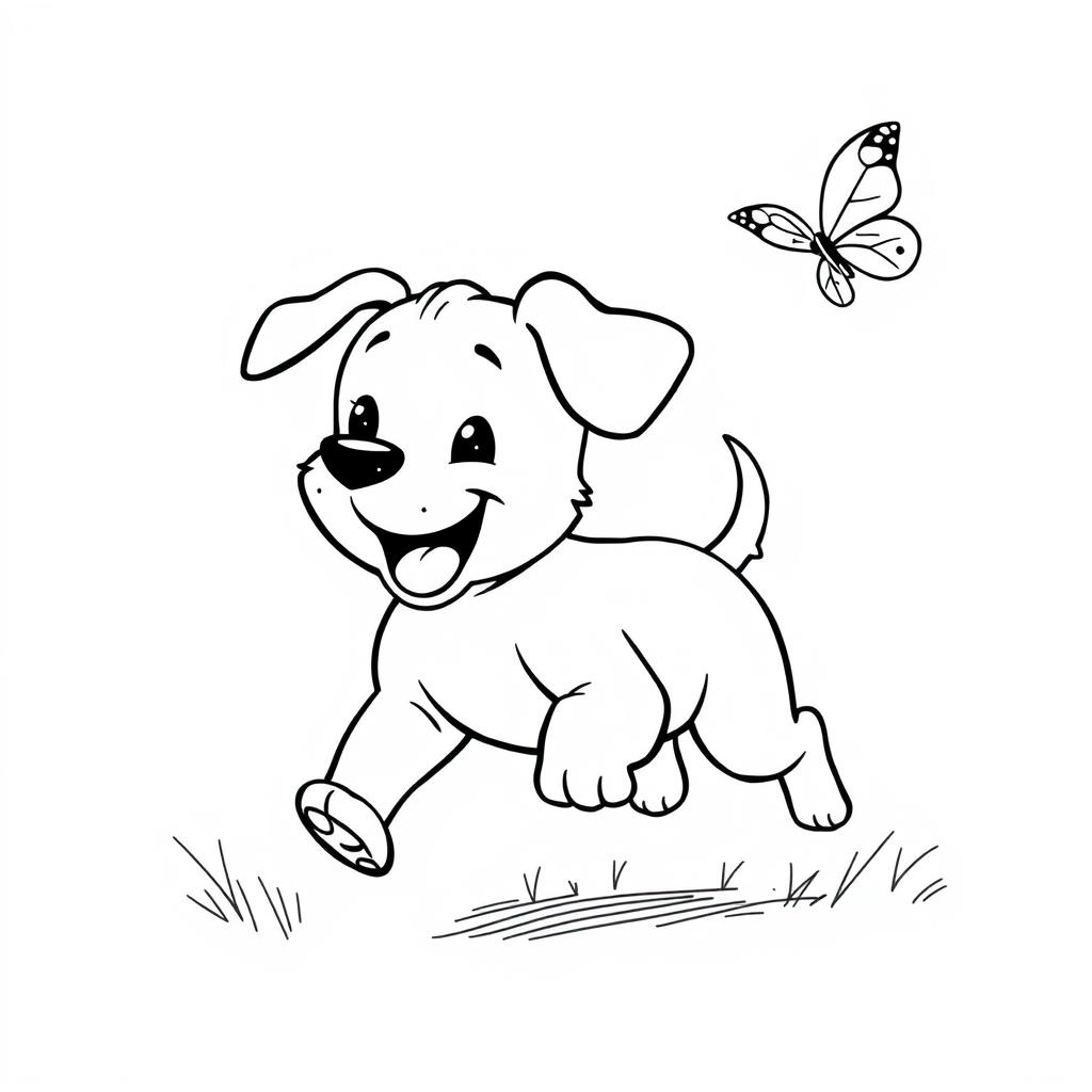 A simple black and white line drawing of a playful puppy running after a butterfly