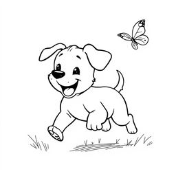 A simple black and white line drawing of a playful puppy running after a butterfly