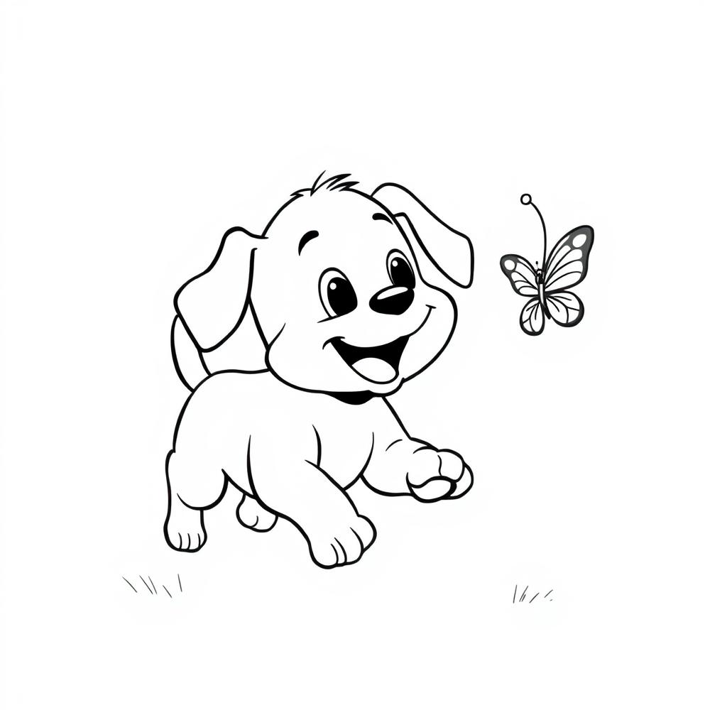 A simple black and white line drawing of a playful puppy running after a butterfly