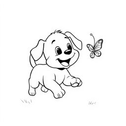 A simple black and white line drawing of a playful puppy running after a butterfly