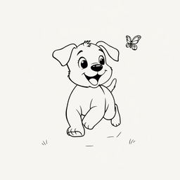 A simple black and white line drawing of a playful puppy running after a butterfly