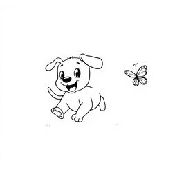 A simple black and white line drawing of a playful puppy running after a butterfly