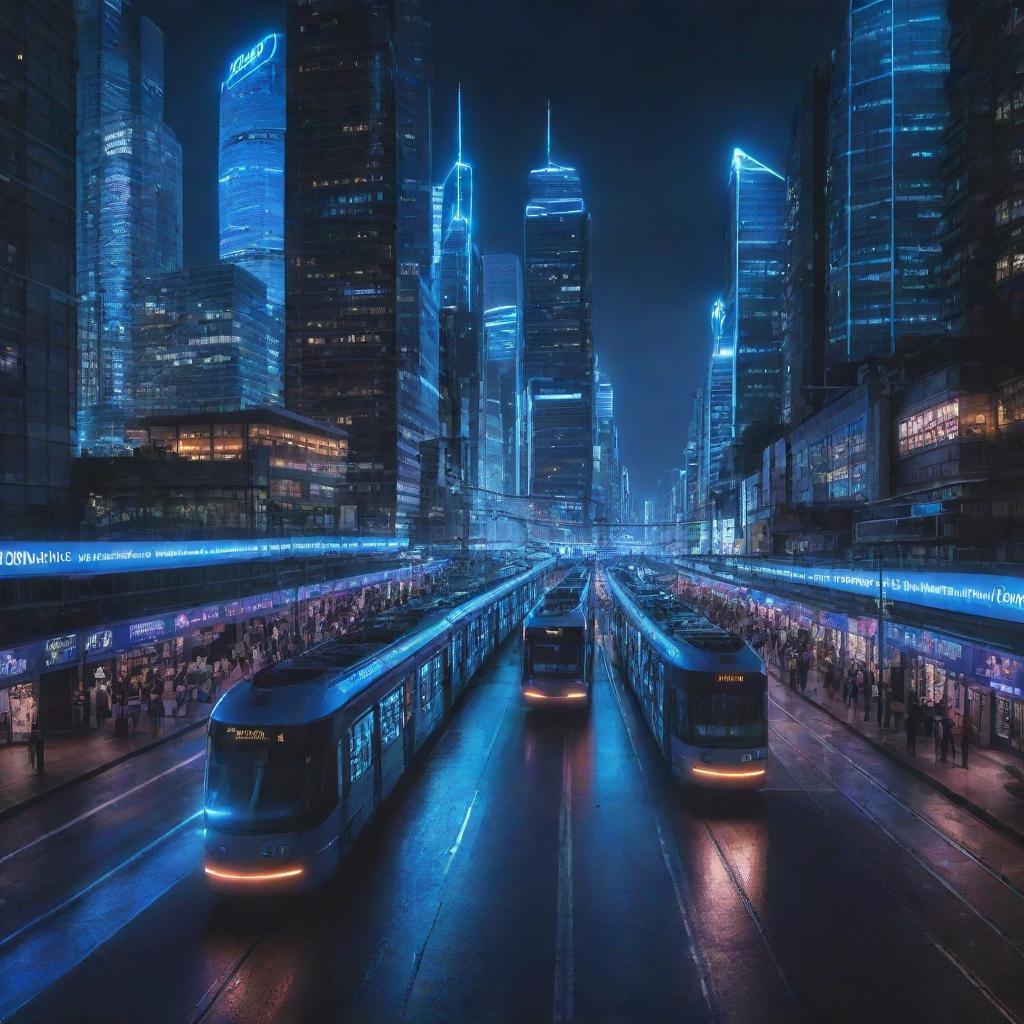 A lively electropunk city bustling with energy. Skyscrapers adorned with electric blue neon lights hover above, while electromagnetic trams and futuristic vehicles powered by electricity traverse the streets. The night's darkness is cut through by a constant, vibrant electrical glow.