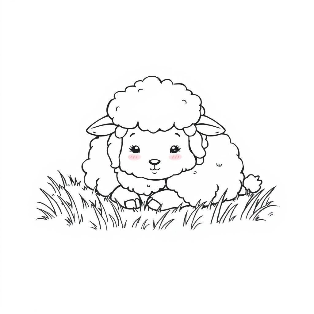 A simple black and white line drawing of a fluffy sheep lying on soft grass