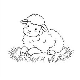 A simple black and white line drawing of a fluffy sheep lying on soft grass