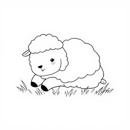 A simple black and white line drawing of a fluffy sheep lying on soft grass