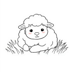 A simple black and white line drawing of a fluffy sheep lying on soft grass