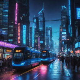 A lively electropunk city bustling with energy. Skyscrapers adorned with electric blue neon lights hover above, while electromagnetic trams and futuristic vehicles powered by electricity traverse the streets. The night's darkness is cut through by a constant, vibrant electrical glow.