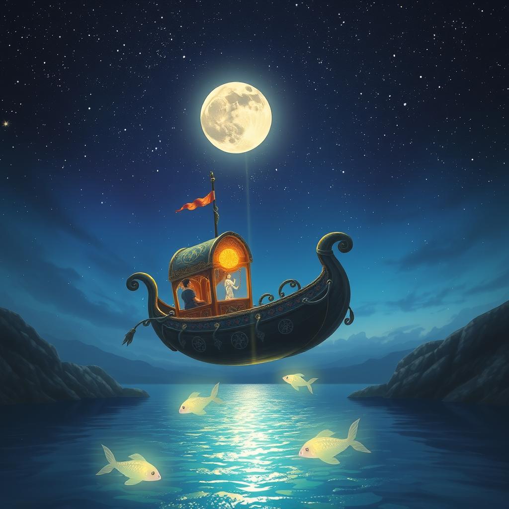 A magical journey where a fantastical boat floats on a shimmering river, gently carrying its passenger towards the sky