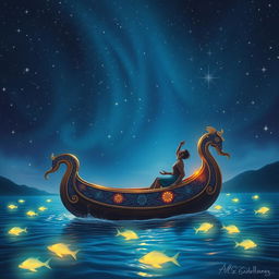 A magical journey where a fantastical boat floats on a shimmering river, gently carrying its passenger towards the sky