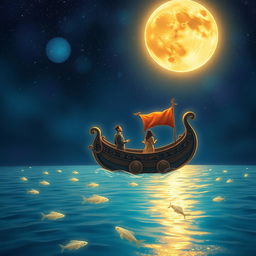 A magical journey where a fantastical boat floats on a shimmering river, gently carrying its passenger towards the sky