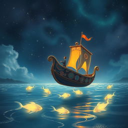 A magical journey where a fantastical boat floats on a shimmering river, gently carrying its passenger towards the sky