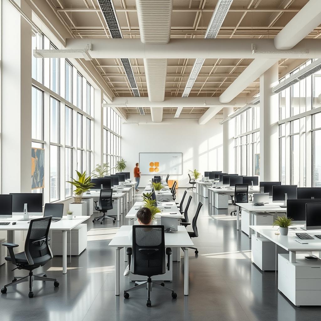 A sleek, modern office space with an open floor plan featuring ergonomic workstations and minimalist furniture