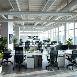 A sleek, modern office space with an open floor plan featuring ergonomic workstations and minimalist furniture