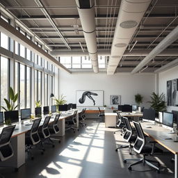 A sleek, modern office space with an open floor plan featuring ergonomic workstations and minimalist furniture