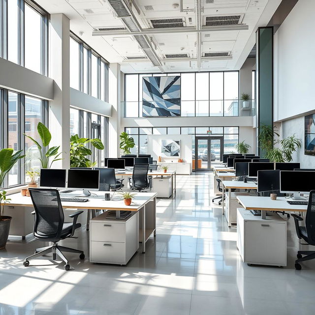 A sleek, modern office space with an open floor plan featuring ergonomic workstations and minimalist furniture