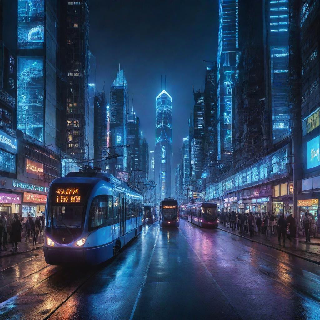 A lively electropunk city bustling with energy. Skyscrapers adorned with electric blue neon lights hover above, while electromagnetic trams and futuristic vehicles powered by electricity traverse the streets. The night's darkness is cut through by a constant, vibrant electrical glow.