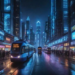 A lively electropunk city bustling with energy. Skyscrapers adorned with electric blue neon lights hover above, while electromagnetic trams and futuristic vehicles powered by electricity traverse the streets. The night's darkness is cut through by a constant, vibrant electrical glow.