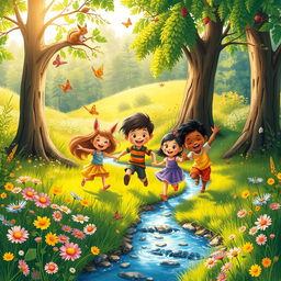 A colorful and enchanting children's book cover featuring children playing joyfully in a vibrant natural setting