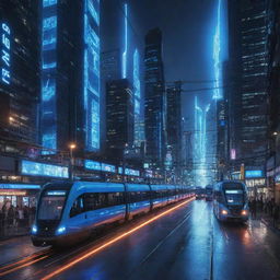 A lively electropunk city bustling with energy. Skyscrapers adorned with electric blue neon lights hover above, while electromagnetic trams and futuristic vehicles powered by electricity traverse the streets. The night's darkness is cut through by a constant, vibrant electrical glow.