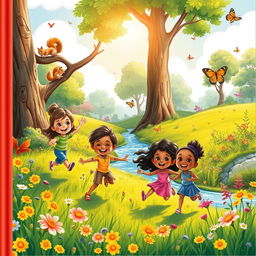 A colorful and enchanting children's book cover featuring children playing joyfully in a vibrant natural setting