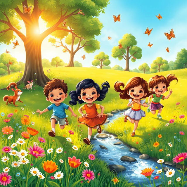 A colorful and enchanting children's book cover featuring children playing joyfully in a vibrant natural setting