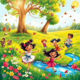 A colorful and enchanting children's book cover featuring children playing joyfully in a vibrant natural setting