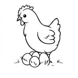 A simple black and white line drawing of a chicken tenderly caring for her eggs