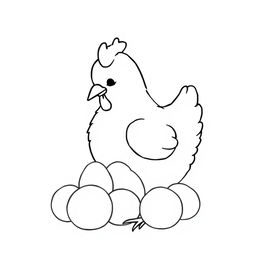 A simple black and white line drawing of a chicken tenderly caring for her eggs