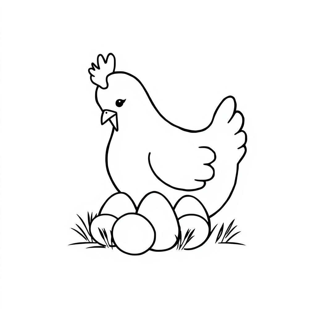 A simple black and white line drawing of a chicken tenderly caring for her eggs