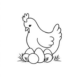 A simple black and white line drawing of a chicken tenderly caring for her eggs